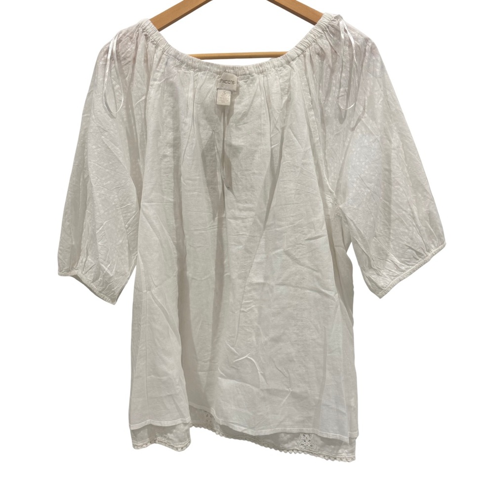 Chico’s Size 3 US XL 16–18 White Alabaster Embellished Eyelet Peasant Boho Top - Picture 6 of 7